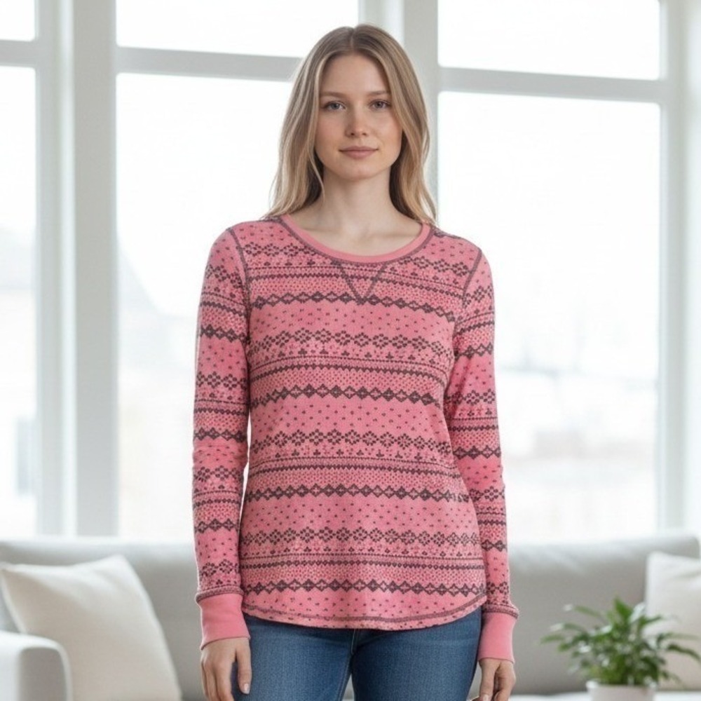 Made for Life Womens Pink Waffle Knit Thermal Fair Isle Long Sleeve Top Small